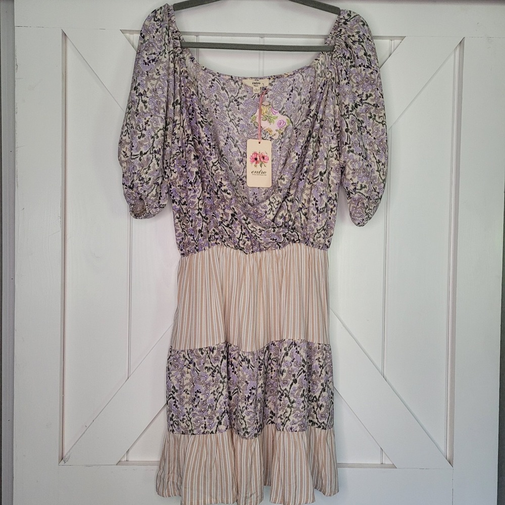 Entro NWT Lavender Floral Striped Puff Sleeve Dress Prairie Cottage Size Large